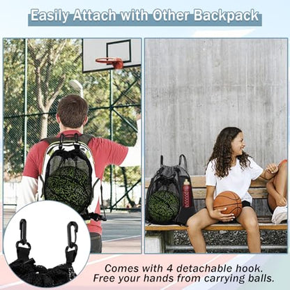 STAY GENT Drawstring Basketball Backpack for Boys, Foldable Soccer Backpack Gym Bag Sackpack Sports Sack with Detachable Ball Mesh Bag for Volleyball Baseball Yoga - color: Coal Black