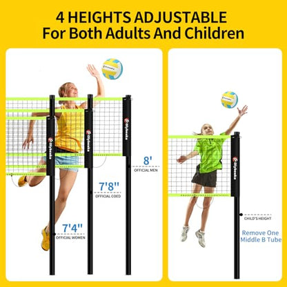 20FT Outdoor Volleyball Net Set System for Backyard Beach with Anti-Sagging Net, Iron Adjustable Height Poles, Soft PU Volleyball and Pump, Carry Bag - Instant Set Up & Durable - color: Black and Green