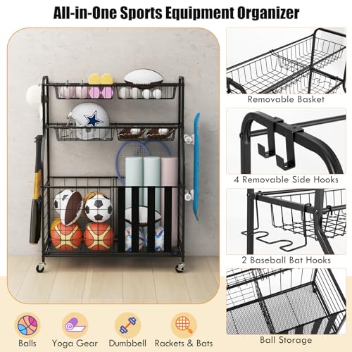 GYMAX Garage Sports Equipment Organizer, Ball Storage with Basket, Hooks, Lockable Wheels, Rolling Toy Storage Cart for Golf Bag Bats Football Sports Gear