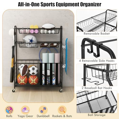 GYMAX Garage Sports Equipment Organizer, Ball Storage with Basket, Hooks, Lockable Wheels, Rolling Toy Storage Cart for Golf Bag Bats Football Sports Gear
