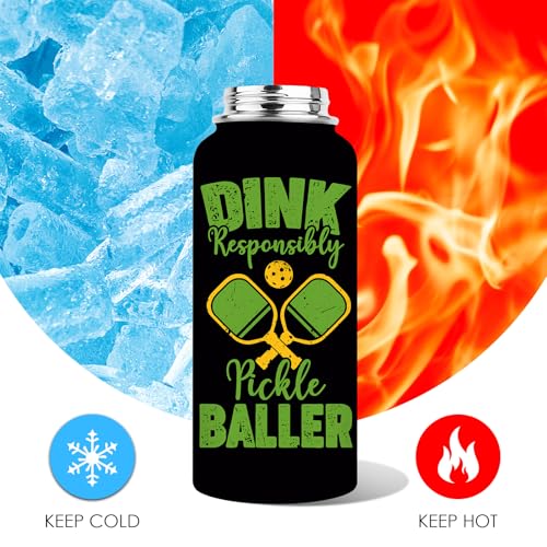 Pickleball Water Bottle 32oz | Insulated Stainless Steel Travel Tumbler with Lid Leak-Proof Keep Hot or Cold, BPA-Free |Dink Responsibly Gifts for Pickleball Lovers