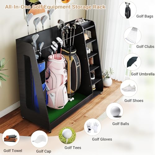 Zevemomo Wooden Golf Bag Organizer with Wheels, Golf Storage Organizer for Garage, 3 Golf Bag Storage Rack, Holds 3 Golf Bags and Golf Equipment, Suitable for Garage Home Golf Club, Black