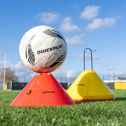 QUICKPLAY Super Cone Speed Markers Set of 16, Heavy Duty Sports Training Cones with Wide Base, 5.5 Inch Height, Portable with Carry Stand, for Soccer Agility Drills