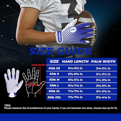 HANDLANDY Youth Football Gloves, Kids Sticky Receiver Gloves,Super Grip Football Glove Best Gift for Boys,Girls - color: White and Blue, size: X-Small-Youth