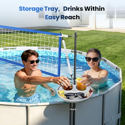 Above Ground Pool Volleyball Net Set with Storage Tray - Swimming Pool Volleyball Net for Pool with Adjustable 10-20FT Width Anti-Sagging Net - Outdoor Poolside Games with Ball, Pump, Poles - style: Above Ground Pool Volleyball Net