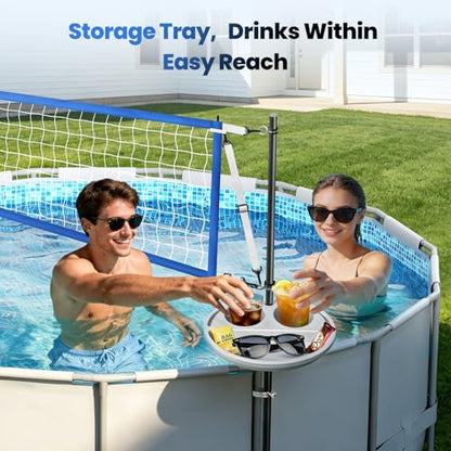 Above Ground Pool Volleyball Net Set with Storage Tray - Swimming Pool Volleyball Net for Pool with Adjustable 10-20FT Width Anti-Sagging Net - Outdoor Poolside Games with Ball, Pump, Poles - style: Above Ground Pool Volleyball Net
