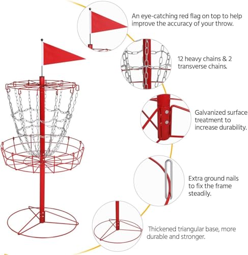 Yaheetech Disc Golf Basket Portable Disc Golf Practice Set 12/24 Chain w/Basket Target and Double Steel Chains for Outdoor - color: Red