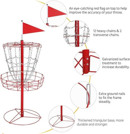 Yaheetech Disc Golf Basket Portable Disc Golf Practice Set 12/24 Chain w/Basket Target and Double Steel Chains for Outdoor - color: Red