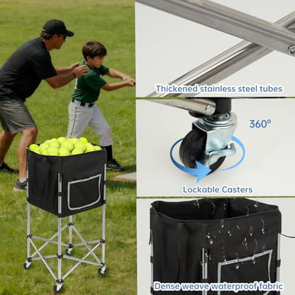 Tennis Ball Cart with Wheels & Brake (180 Capacity) – Heavy Duty Stainless Steel Frame with Detachable Washable Bag – Foldable Travel Hopper for Tennis & Pickleball, Portable Carrier