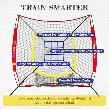 7x7ft Baseball Net with Strike Zone, Large Pocket Baseball Training Net for Hitting/Batting/Pitching/Throwing,Scratch Resistant Base,Indoor/Outdoor Versatile Use for All Levels