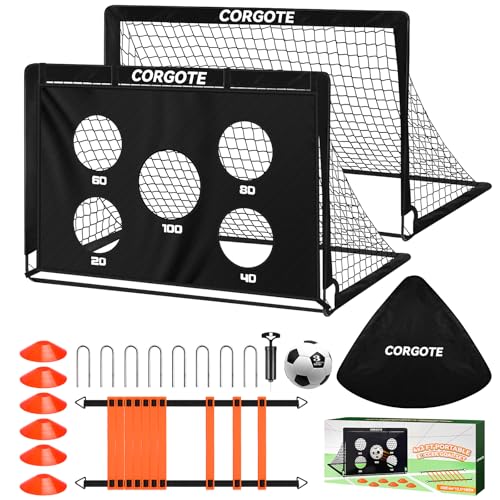 Toddler Soccer Goals for Backyard Set of 2, 4x3ft Portable Pop Up Soccer Net, Kids Soccer Training Equipment with Ball, Cones, Ladder, Scoring Target, 3-14Years Old Birthday Gifts for Boy Girl - color: Black