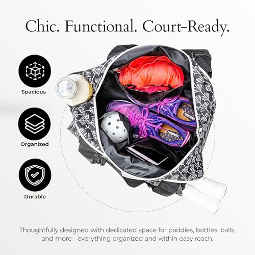 Pik’le’Ball Sport Premium Women's Pickleball Bag – Stylish and Versatile Sports Bag with Water Bottle Holder, Padded Paddle Pocket, and Spacious Design (fits 2+ Paddles!) - color: Court Couture Black