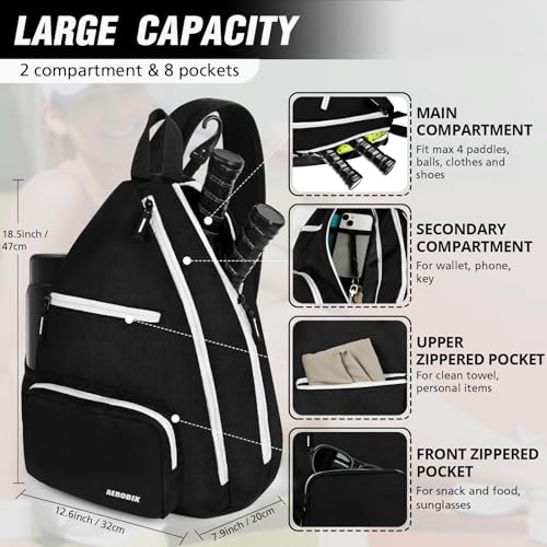 AEROBIX Pickleball Bag for Women & Men, Pickle Ball Backpack - Upgraded Zippers, Large Capacity, Padded Paddle Pocket, Adjustable Sling Bag (No Accessories) - color: BLACK