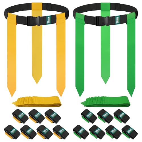 Flag Football Belts, 14 Player Flag Football Set with 42 Flags for Kids Youth and Adults Training Equipment - color: Forest Green and Yellow