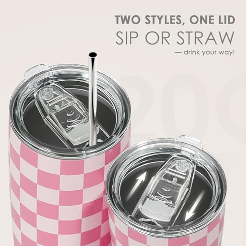 SANDJEST Checkered Tumbler 20oz Stainless Steel Insulated, Checker Travel Coffee Cup, Bow Gifts for Women Girls Teen, Birthday Christmas (Pink) - color: Checker (Pink)