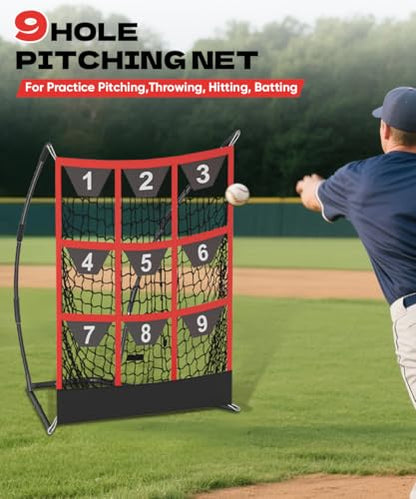 Queension 9 Hole Pitching Target Net with Strike Zone, Baseball Batting Net with Target Pockets, Pitching Net with Ground Stakes and Sandbags for Baseball Training - color: Black