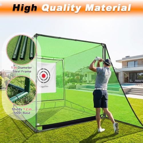 Gagalileo Golf Driving Cage Net: Heavy Duty 1 in Steel Frame - Noise Reduction Target for Backyard Garage Indoor Simulator - 7x7x7 FT High Density Hitting Swing Practice - size: 7x7x7ft with Bottom