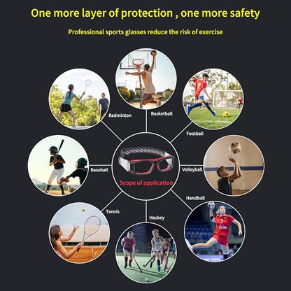 SooGree Sport Glasses for Men Women Basketball Football Sport Goggles Anti Fog Shock Collision Wearable Glasses - color: Black Frame Red Nose Pads