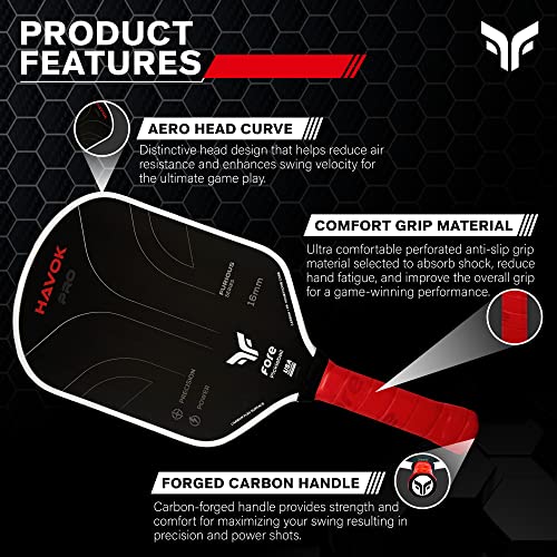 Havok Pro Pickleball Paddle: Carbon Fiber Surface for Enhanced Power, Precision and Maximum Spin - Large Sweet Spot and USAPA Approved - color: Red