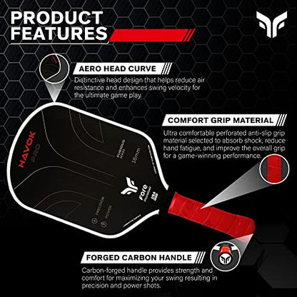 Havok Pro Pickleball Paddle: Carbon Fiber Surface for Enhanced Power, Precision and Maximum Spin - Large Sweet Spot and USAPA Approved - color: Red
