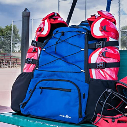 Athletico Dominator Baseball Bag - Softball Bat Bag with Shoes Compartment for Youth, Boys and Adult, Lightweight Baseball Bag with Fence Hook Hold TBall Bat, Batting Mitten, Helmet, Caps, Teeball Gear - color: Blue