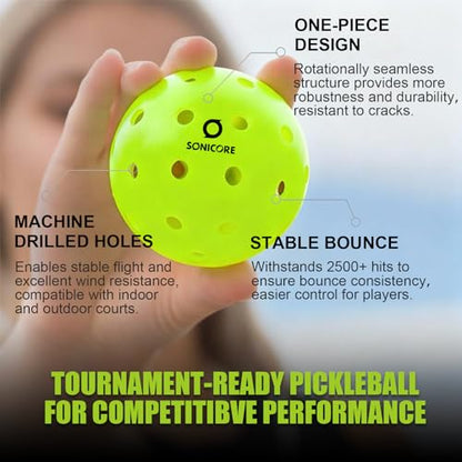 SONICORE Premium Outdoor Pickleball Balls, 4/12 Pack, Extreme Durability, One-Piece Mold, Tournament-Ready Level, 40-Hole Precision Drilled, Crack-Resistant, Seamless