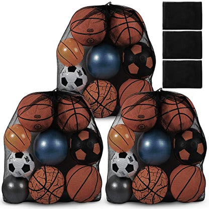 Woanger 3 Pcs Thickened Extra Large Sports Ball Bag Mesh Soccer Net Ball Bag Drawstring Bags Team Work for Holding Basketball, Volleyball, Baseball with Shoulder Strap, 35.4 x 27.5 Inch - color: Black