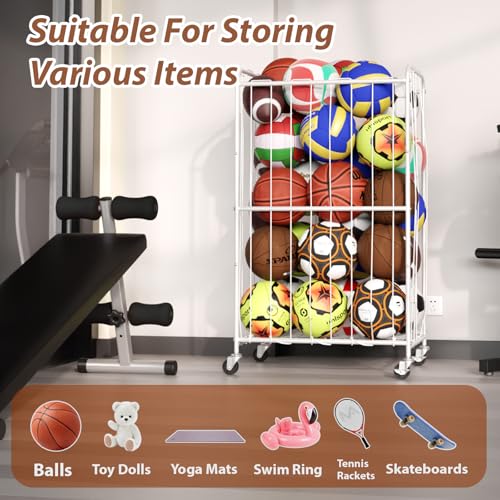 YKDIRECT 210L Rolling Ball Organizer with Locking Wheels - Large Sports Storage Basket for Basketball Soccer Football Volleyball, Steel Garage Equipment Cart with Elastic Rope for Household Storage - size: 210L