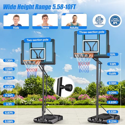 Asbest 44" Portable Basketball Hoop Outdoor | 5.5-10ft Stepless Adjustable Height Basketball Goal System for Driveway, Backyard, for All Ages