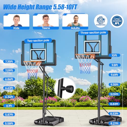 Asbest 44" Portable Basketball Hoop Outdoor 5.5-10ft 16 Levels Smooth Adjustable Height System with Heavy-Duty Steel Frame & Shatterproof PC Backboard for Kids, Teens, Adults-Driveway & Backyard