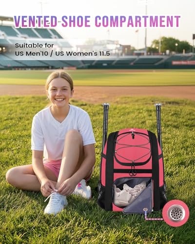 MATEIN Softball Bag, Lightweight Baseball Backpack with Shoe Compartment, Baseball Bag with Fence Hook for TBall Bat & Equipment, Softball Gifts Catchers Backpack for Women Fit Catcher’s Mitt, Helmet - color: Pink Black