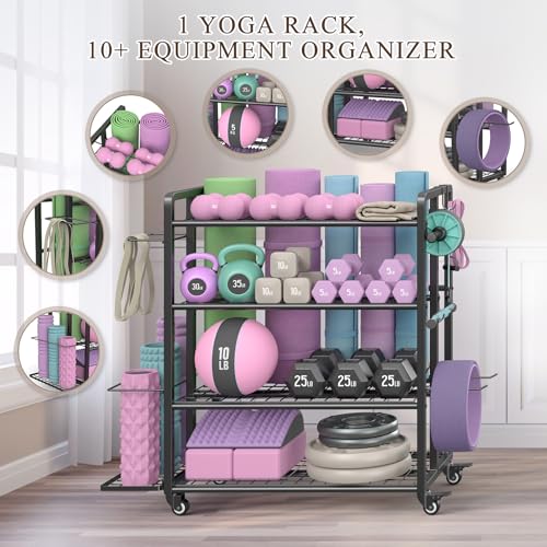 4-Tier Dumbbell Rack Stand Only, Adjustable Weight Rack for Dumbbells Kettlebells Yoga Mat, Home Gym Storage Rack with Wheels and Hooks, Powder Coated Finish - size: Large Black