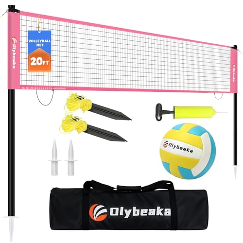 Portable Outdoor Volleyball Net Set for Backyard Beach with Adjustable Poles, Soft PU Volleyball & Pump, Carry Bag and Durable Anti-Sagging Net - color: Pink, size: 20ft
