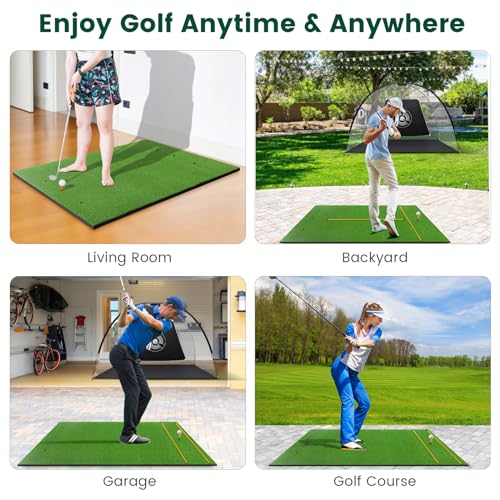 Goplus Golf Mat, 5x3ft/5x4ft Golf Hitting Mat 20/25/27/32mm Thick w/2 Alignment Sticks & 2 Golf Tees, Portable Artificial Turf Grass Training Mat Practice for Indoor Outdoor