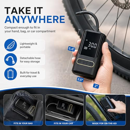 Portable Bike Air Compressor – Mini Electric Tire Pump with Auto Shut-Off, Multi-Valve Compatible, Rechargeable Tire Inflator for Bikes, Cars & E-Bikes