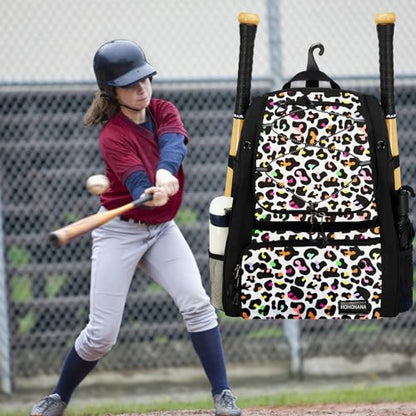 Youth Softball Equipment Bag with Vented Shoe Compartment, Baseball Bat Bag, Fence Hook, for Batting Mitten, Helmet, Teeball Gear, Adult Boys Girls Kids - color: Color Leopard