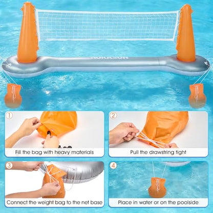 AURASUN Inflatable Pool Volleyball Net, Floating Swimming Pool Set with Basketball Hoop, Summer Pool Game Toy for Kids and Adults, Float Water Volleyball Court