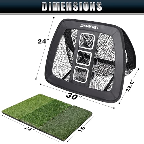 CHAMPKEY Double Sided Golf Chipping Net Come with Tri-Turf Hitting Mat and 12 Foam Golf Balls - 5 Ply-Knotless Netting Golf Targets System Ideal for Short and Long Distance Training (Standard Version)