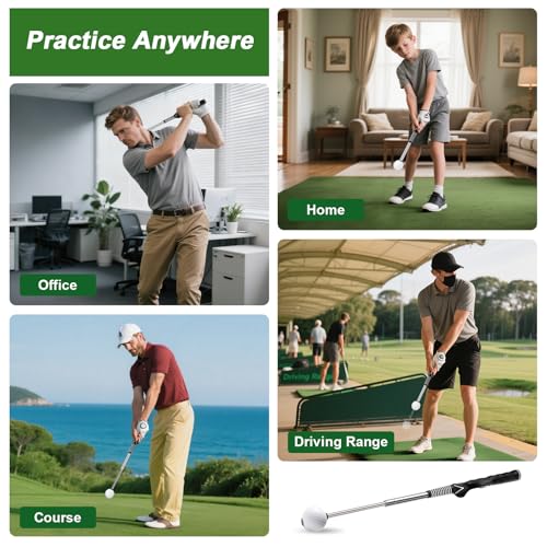 Retractable Golf Swing Trainer with Click Sound & Posture Correction Arm Band, Golf Grip Trainer for Right-Handed, Indoor & Outdoor Training Aid for Beginners to Pros