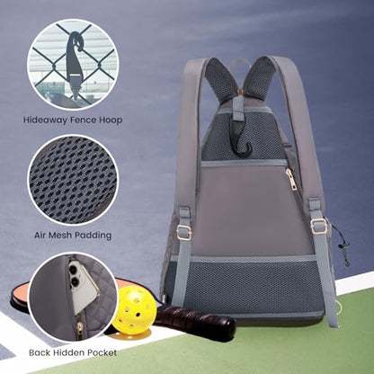 Women's Pickleball Backpack - Quilted Crossbody Sling Bag for Tennis & Pickleball Paddle - color: Gray Purple, size: Medium