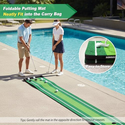 SENSECLUB Indoor Putting Green, Foldable Putting Mat Golf Game Set, Golf Gifts for Men with Ball-Collect System - style: Green Pro 12 caps (no putter)