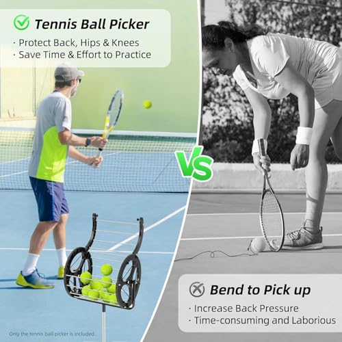 Tennis Ball Picker, 2 in 1 Tennis Rolling Collector Basket with 80 Balls Capacity, Automatic Ball Hopper with Adjustable Height, Funnel Grabber with Handle, for School, Gym, Club~/