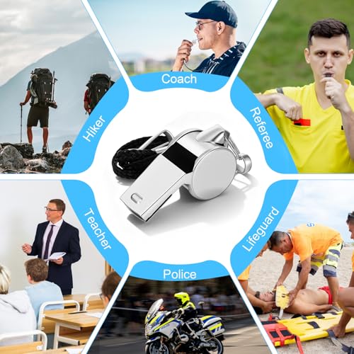 8 Pcs Very Loud Sports Whistles Lanyards with Clip Coach Whistles Stainless Steel Whistle with Lanyard for Wrestling Referee School Football Basketball Team Competition