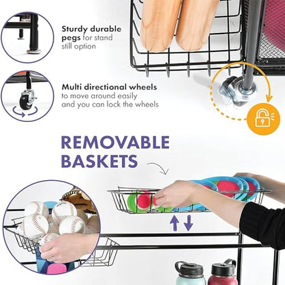 HOME IT Garage Sports Equipment Organizer - Garage Ball Storage Rack Organizer Holder with Baskets, Rolling Wheels & Breaks - Large Capacity Heavy Duty Steel Ball Storage Cart