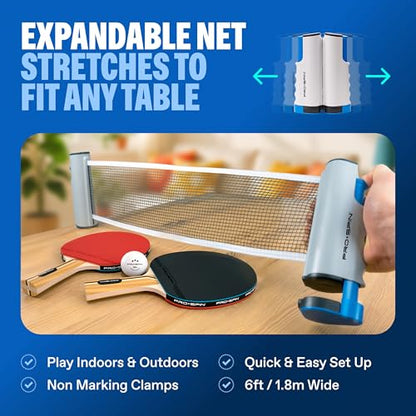 PRO-SPIN Portable Ping Pong Set with Retractable Ping Pong Net for Any Table, All-in-One Table Tennis Set with Ping Pong Paddles, Balls & Case, Table Top Family Game - color: 4-Player Set | Active Red