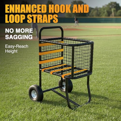 Baseball Cart with 10" Wheels - Large Capacity Ball Holder for Batting Cage & BP, Portable Softball Caddy Holds 300 Baseballs/150 Softballs, Heavy Duty Storage with Anti-Sag Strap (Black)