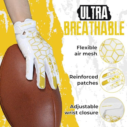 HANDLANDY Youth Football Gloves, Kids Sticky Receiver Gloves,Super Grip Football Glove Best Gift for Boys,Girls - color: Cream White and Gold, size: X-Small-Youth