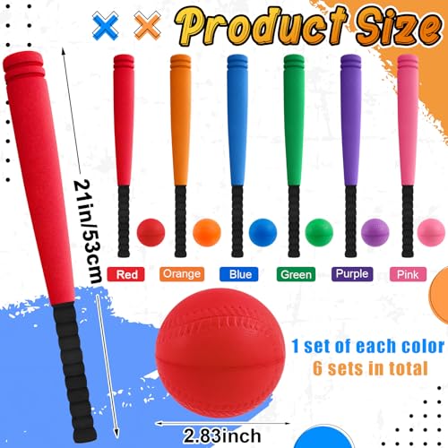 Seenelling 6 Set Foam Baseball Bat Set Including 6 Bats and 6 PE Equipment for Elementary School Foam Baseball Bat for Safety Play