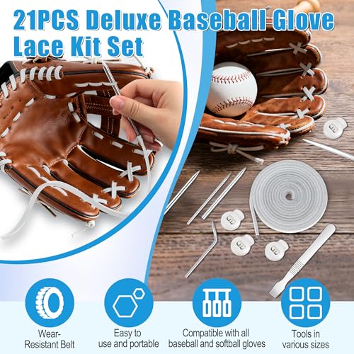 Anglekai 21PCS Baseball Glove Lace Needles Kit, Softball Glove Repair Lace Kit, 8PCS Needles/ 78 in Leather Strip/ 10 Locks/Bag (Grey White)