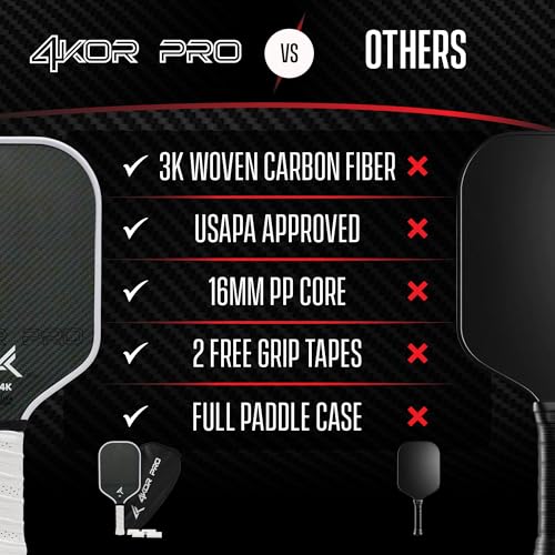 4KOR PRO Edition Carbon Fiber Pickleball Paddle – USAPA Approved 16mm Elongated Paddle – Lightweight Composite Professional Pickleball Racket for Adults with Replacement Grip Tape and Storage Case